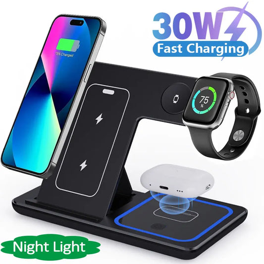LED Fast Wireless Charger Stand 3 in 1 Foldable Charging Station